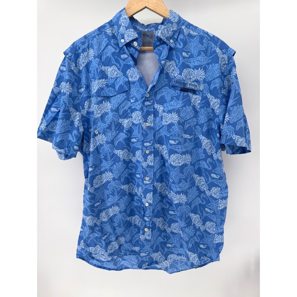 Vineyard‎ Vines Harbor Shirt Mens Medium Blue Tropical Fish Fishing Button Down